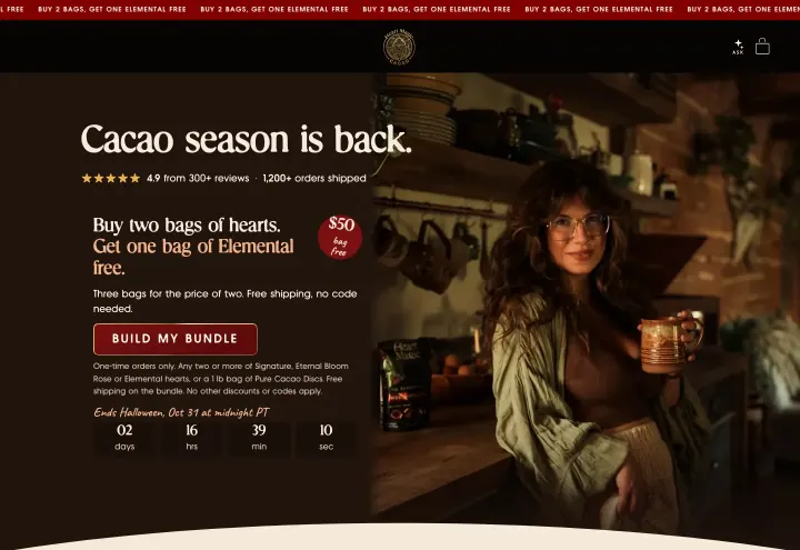 The Cacao Season landing page: Cacao season is back, the bundle offer and a countdown, beside a model holding a mug of cacao