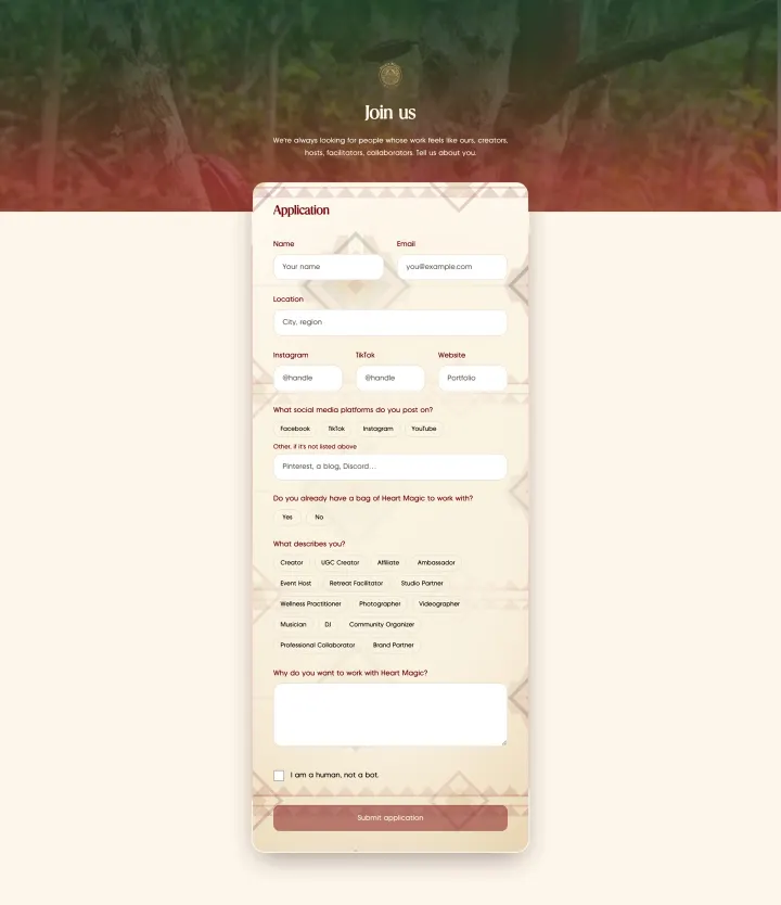 The Creator Sanctuary application: Join us over a photo of the cacao forest, above a form for creators, hosts and facilitators