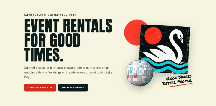 The Swan Party Co. concept homepage: Event rentals for good times